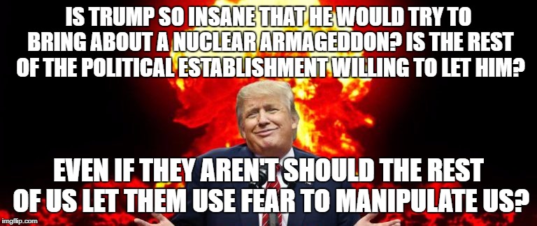 Trump Nuclear Option | IS TRUMP SO INSANE THAT HE WOULD TRY TO BRING ABOUT A NUCLEAR ARMAGEDDON? IS THE REST OF THE POLITICAL ESTABLISHMENT WILLING TO LET HIM? EVEN IF THEY AREN'T SHOULD THE REST OF US LET THEM USE FEAR TO MANIPULATE US? | image tagged in trump nuclear option | made w/ Imgflip meme maker