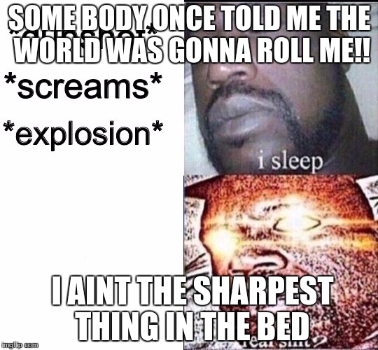 Sleeping Shaq / Real Shit | SOME BODY ONCE TOLD ME THE WORLD WAS GONNA ROLL ME!! I AINT THE SHARPEST THING IN THE BED | image tagged in sleeping shaq / real shit | made w/ Imgflip meme maker