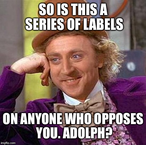 Creepy Condescending Wonka Meme | SO IS THIS A SERIES OF LABELS ON ANYONE WHO OPPOSES YOU. ADOLPH? | image tagged in memes,creepy condescending wonka | made w/ Imgflip meme maker