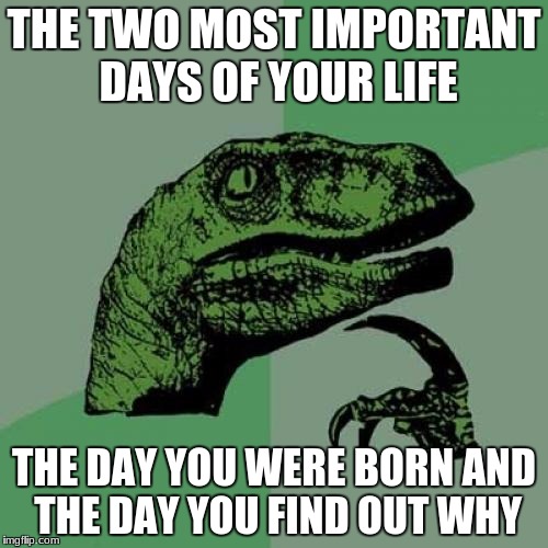 Philosoraptor | THE TWO MOST IMPORTANT DAYS OF YOUR LIFE; THE DAY YOU WERE BORN AND THE DAY YOU FIND OUT WHY | image tagged in memes,philosoraptor | made w/ Imgflip meme maker