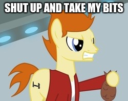 fry mlp | SHUT UP AND TAKE MY BITS | image tagged in fry mlp | made w/ Imgflip meme maker