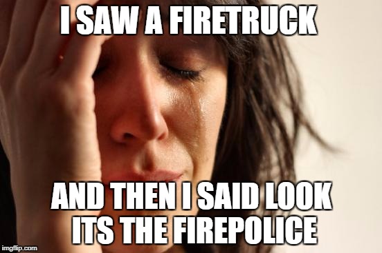 First World Problems | I SAW A FIRETRUCK; AND THEN I SAID LOOK ITS THE FIREPOLICE | image tagged in memes,first world problems,why have i done this,wtf,lol | made w/ Imgflip meme maker