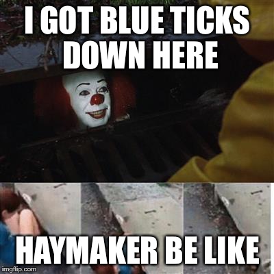 pennywise in sewer | I GOT BLUE TICKS DOWN HERE; HAYMAKER BE LIKE | image tagged in pennywise in sewer | made w/ Imgflip meme maker