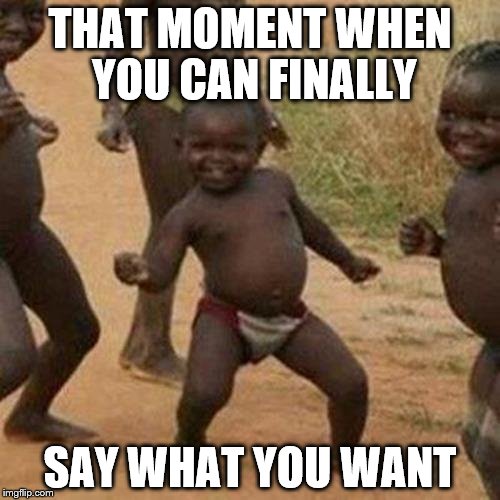 Third World Success Kid Meme | THAT MOMENT WHEN YOU CAN FINALLY; SAY WHAT YOU WANT | image tagged in memes,third world success kid | made w/ Imgflip meme maker