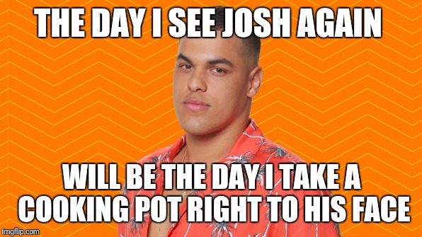  Big brother 19 Josh  | THE DAY I SEE JOSH AGAIN; WILL BE THE DAY I TAKE A COOKING POT RIGHT TO HIS FACE | image tagged in big brother 19 josh | made w/ Imgflip meme maker