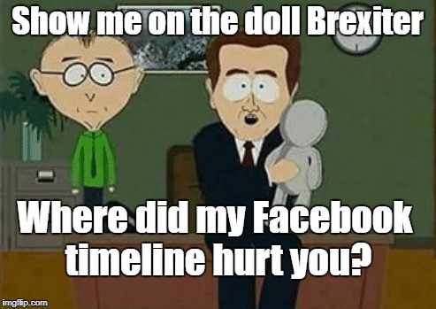 Show me... | Show me on the doll Brexiter; Where did my Facebook timeline hurt you? | image tagged in stupid people,racists,brexit | made w/ Imgflip meme maker