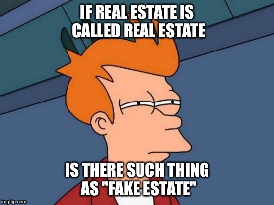 I may or may not have gotten this from somewhere else... | IF REAL ESTATE IS CALLED REAL ESTATE; IS THERE SUCH THING AS "FAKE ESTATE" | image tagged in memes,futurama fry | made w/ Imgflip meme maker