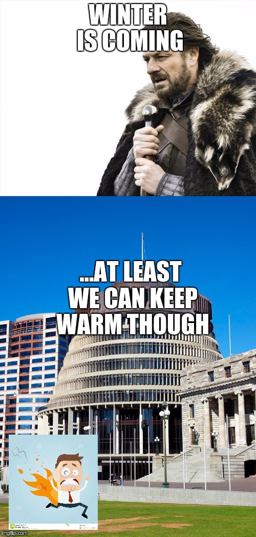 Winter is coming...At least we can keep warm though | WINTER IS COMING; ...AT LEAST WE CAN KEEP WARM THOUGH | image tagged in parliament,new zealand,winter,winter is coming,self immolation | made w/ Imgflip meme maker