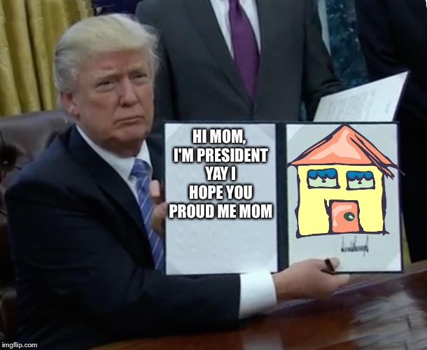 Trump Bill Signing Meme | HI MOM, I'M PRESIDENT YAY I HOPE YOU PROUD ME MOM | image tagged in trump bill signing | made w/ Imgflip meme maker