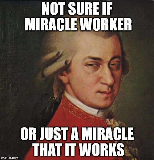 Mozart Not Sure Meme | NOT SURE IF MIRACLE WORKER; OR JUST A MIRACLE THAT IT WORKS | image tagged in memes,mozart not sure | made w/ Imgflip meme maker