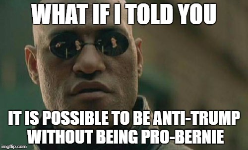 Matrix Morpheus Meme | WHAT IF I TOLD YOU; IT IS POSSIBLE TO BE ANTI-TRUMP WITHOUT BEING PRO-BERNIE | image tagged in memes,matrix morpheus | made w/ Imgflip meme maker