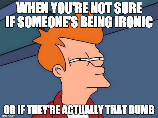 Futurama Fry | WHEN YOU'RE NOT SURE IF SOMEONE'S BEING IRONIC; OR IF THEY'RE ACTUALLY THAT DUMB | image tagged in memes,futurama fry | made w/ Imgflip meme maker
