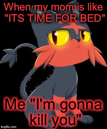 When my mom is like "ITS TIME FOR BED"; Me "I'm gonna kill you" | image tagged in mah litten pokemon is lit 3 | made w/ Imgflip meme maker