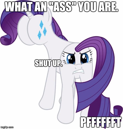 I am not sorry for that pun. | WHAT AN "ASS" YOU ARE. SHUT UP. PFFFFFFT | image tagged in wtf rarity | made w/ Imgflip meme maker