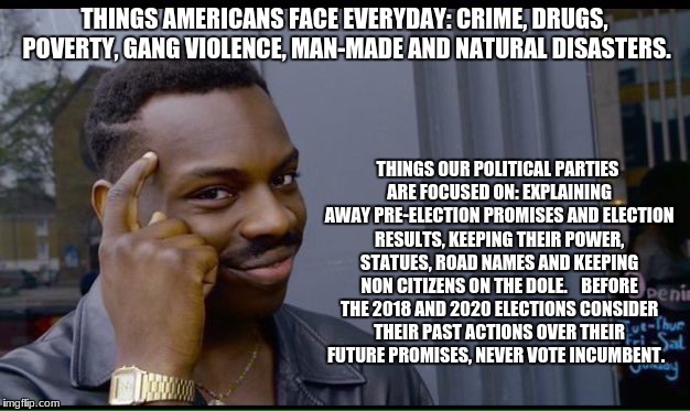 Roll Safe Think About It | THINGS AMERICANS FACE EVERYDAY: CRIME, DRUGS, POVERTY, GANG VIOLENCE, MAN-MADE AND NATURAL DISASTERS. THINGS OUR POLITICAL PARTIES ARE FOCUSED ON: EXPLAINING AWAY PRE-ELECTION PROMISES AND ELECTION RESULTS, KEEPING THEIR POWER, STATUES, ROAD NAMES AND KEEPING NON CITIZENS ON THE DOLE.  

BEFORE THE 2018 AND 2020 ELECTIONS CONSIDER THEIR PAST ACTIONS OVER THEIR FUTURE PROMISES, NEVER VOTE INCUMBENT. | image tagged in thinking black guy | made w/ Imgflip meme maker