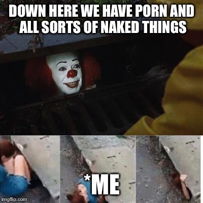 pennywise in sewer | DOWN HERE WE HAVE PORN AND ALL SORTS OF NAKED THINGS; *ME | image tagged in pennywise in sewer | made w/ Imgflip meme maker