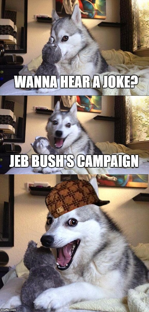 Bad Pun Dog Meme | WANNA HEAR A JOKE? JEB BUSH'S CAMPAIGN | image tagged in memes,bad pun dog,scumbag | made w/ Imgflip meme maker