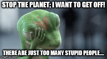 dispair lizard | STOP THE PLANET; I WANT TO GET OFF! THERE ARE JUST TOO MANY STUPID PEOPLE.... | image tagged in dispair lizard | made w/ Imgflip meme maker