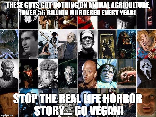 Real Life Horror Story | THESE GUYS GOT NOTHING ON ANIMAL AGRICULTURE, OVER 56 BILLION MURDERED EVERY YEAR! STOP THE REAL LIFE HORROR STORY....
GO VEGAN! | image tagged in vegan | made w/ Imgflip meme maker