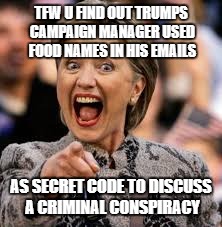 hillary clinton | TFW U FIND OUT TRUMPS CAMPAIGN MANAGER USED FOOD NAMES IN HIS EMAILS; AS SECRET CODE TO DISCUSS A CRIMINAL CONSPIRACY | image tagged in hillary clinton | made w/ Imgflip meme maker