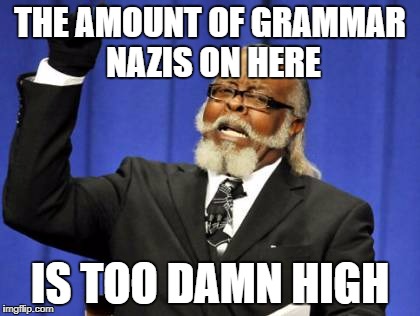 Too Damn High Meme | THE AMOUNT OF GRAMMAR NAZIS ON HERE; IS TOO DAMN HIGH | image tagged in memes,too damn high | made w/ Imgflip meme maker