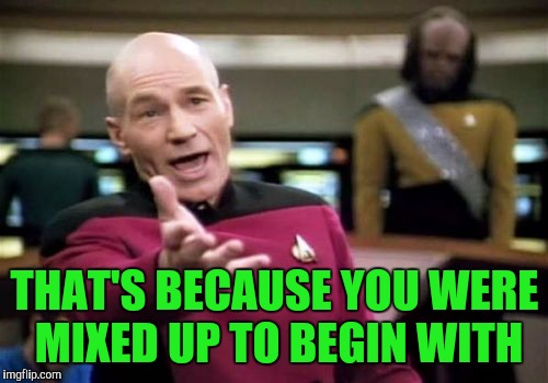 Picard Wtf Meme | THAT'S BECAUSE YOU WERE MIXED UP TO BEGIN WITH | image tagged in memes,picard wtf | made w/ Imgflip meme maker