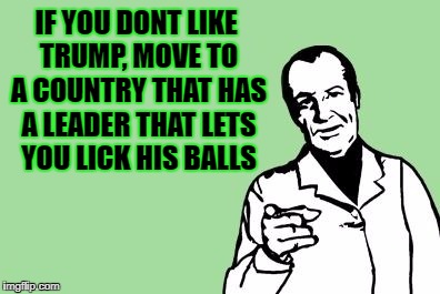 Like Canada perhaps. | IF YOU DONT LIKE TRUMP, MOVE TO A COUNTRY THAT HAS A LEADER THAT LETS YOU LICK HIS BALLS | image tagged in trump pres,god bless usa,not your president  not your country,leave then,bye,memes | made w/ Imgflip meme maker