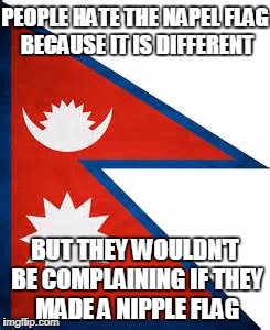 Nepal Flag | PEOPLE HATE THE NAPEL FLAG BECAUSE IT IS DIFFERENT; BUT THEY WOULDN'T BE COMPLAINING IF THEY MADE A NIPPLE FLAG | image tagged in nepal flag,funny,flag,memes,flag week | made w/ Imgflip meme maker