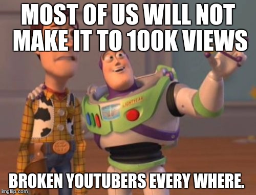 X, X Everywhere Meme | MOST OF US WILL NOT MAKE IT TO 100K VIEWS; BROKEN YOUTUBERS EVERY WHERE. | image tagged in memes,x x everywhere | made w/ Imgflip meme maker
