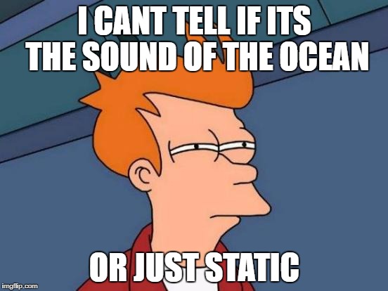 Futurama Fry | I CANT TELL IF ITS THE SOUND OF THE OCEAN; OR JUST STATIC | image tagged in memes,futurama fry | made w/ Imgflip meme maker