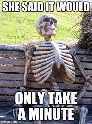 Waiting Skeleton Meme | SHE SAID IT WOULD; ONLY TAKE A MINUTE | image tagged in memes,waiting skeleton | made w/ Imgflip meme maker