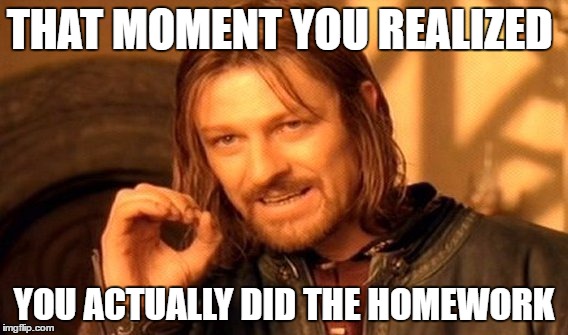 One Does Not Simply Meme | THAT MOMENT YOU REALIZED; YOU ACTUALLY DID THE HOMEWORK | image tagged in memes,one does not simply | made w/ Imgflip meme maker