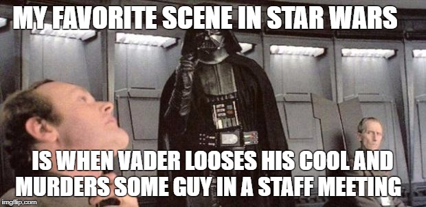 darth vader | MY FAVORITE SCENE IN STAR WARS; IS WHEN VADER LOOSES HIS COOL AND MURDERS SOME GUY IN A STAFF MEETING | image tagged in darth vader | made w/ Imgflip meme maker