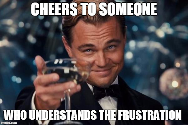 Leonardo Dicaprio Cheers Meme | CHEERS TO SOMEONE WHO UNDERSTANDS THE FRUSTRATION | image tagged in memes,leonardo dicaprio cheers | made w/ Imgflip meme maker