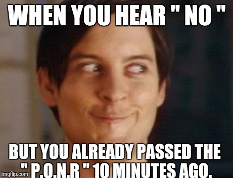 Spiderman Peter Parker Meme | WHEN YOU HEAR " NO "; BUT YOU ALREADY PASSED THE " P.O.N.R " 10 MINUTES AGO. | image tagged in memes,spiderman peter parker | made w/ Imgflip meme maker