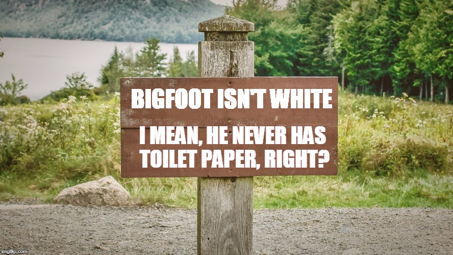 BIGFOOT ISN'T WHITE I MEAN, HE NEVER HAS TOILET PAPER, RIGHT? | made w/ Imgflip meme maker