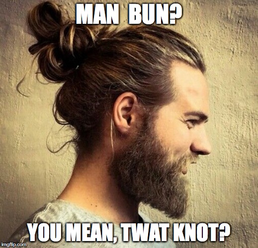 MAN  BUN? YOU MEAN, TWAT KNOT? | image tagged in man bun,lol,hipster | made w/ Imgflip meme maker