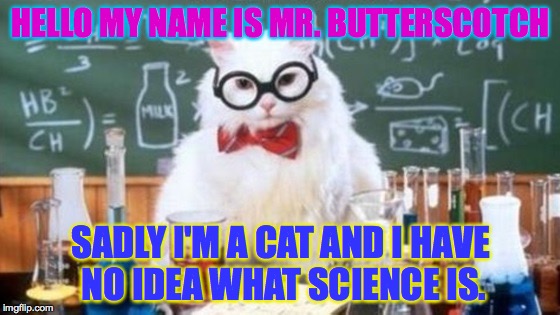 HELLO MY NAME IS MR. BUTTERSCOTCH; SADLY I'M A CAT AND I HAVE NO IDEA WHAT SCIENCE IS. | image tagged in science cat wider version | made w/ Imgflip meme maker