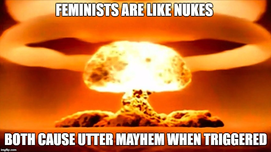 this may get me blackmailed by Buzzfeed, but... | FEMINISTS ARE LIKE NUKES; BOTH CAUSE UTTER MAYHEM WHEN TRIGGERED | image tagged in memes,funny,feminism | made w/ Imgflip meme maker