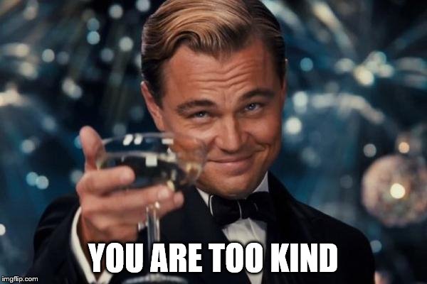 YOU ARE TOO KIND | image tagged in memes,leonardo dicaprio cheers | made w/ Imgflip meme maker