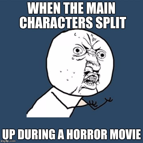 Y U No Meme | WHEN THE MAIN CHARACTERS SPLIT; UP DURING A HORROR MOVIE | image tagged in memes,y u no | made w/ Imgflip meme maker