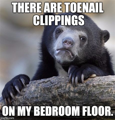 Confession Bear Meme | THERE ARE TOENAIL CLIPPINGS; ON MY BEDROOM FLOOR. | image tagged in memes,confession bear | made w/ Imgflip meme maker