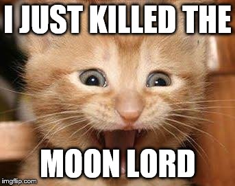 Excited Cat | I JUST KILLED THE; MOON LORD | image tagged in memes,excited cat | made w/ Imgflip meme maker