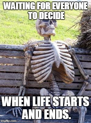 Waiting Skeleton Meme | WAITING FOR EVERYONE TO DECIDE WHEN LIFE STARTS AND ENDS. | image tagged in memes,waiting skeleton | made w/ Imgflip meme maker