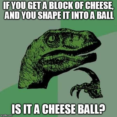 Philosoraptor | IF YOU GET A BLOCK OF CHEESE, AND YOU SHAPE IT INTO A BALL; IS IT A CHEESE BALL? | image tagged in memes,philosoraptor | made w/ Imgflip meme maker