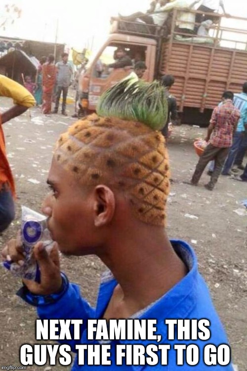 Pineapple Head | NEXT FAMINE, THIS GUYS THE FIRST TO GO | image tagged in pineapple head | made w/ Imgflip meme maker