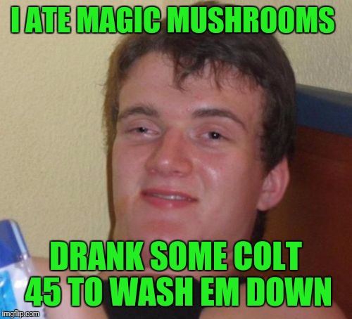 10 Guy | I ATE MAGIC MUSHROOMS; DRANK SOME COLT 45 TO WASH EM DOWN | image tagged in memes,10 guy | made w/ Imgflip meme maker