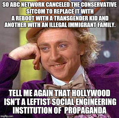 Creepy Condescending Wonka | SO ABC NETWORK CANCELED THE CONSERVATIVE SITCOM TO REPLACE IT WITH A REBOOT WITH A TRANSGENDER KID AND ANOTHER WITH AN ILLEGAL IMMIGRANT FAMILY. TELL ME AGAIN THAT HOLLYWOOD ISN'T A LEFTIST SOCIAL ENGINEERING INSTITUTION OF  PROPAGANDA | image tagged in memes,creepy condescending wonka | made w/ Imgflip meme maker