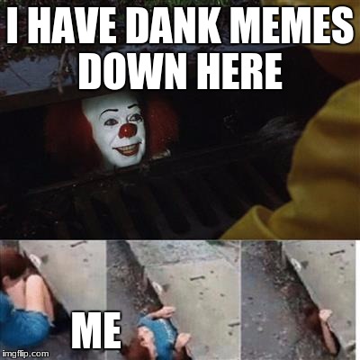 pennywise in sewer |  I HAVE DANK MEMES DOWN HERE; ME | image tagged in pennywise in sewer | made w/ Imgflip meme maker