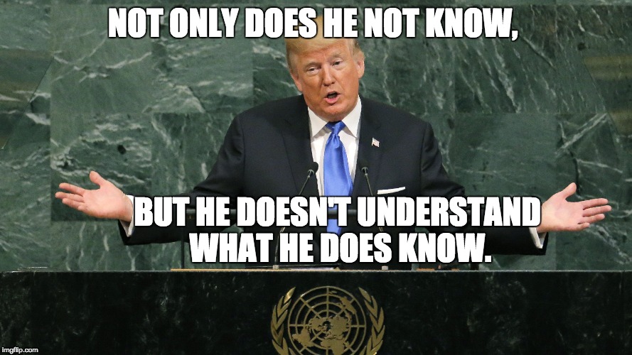 Donald Trump's Ignorance | NOT ONLY DOES HE NOT KNOW, BUT HE DOESN'T UNDERSTAND WHAT HE DOES KNOW. | image tagged in uninformed,trump unfit unqualified dangerous,ignorant,incurious,embarrassing | made w/ Imgflip meme maker